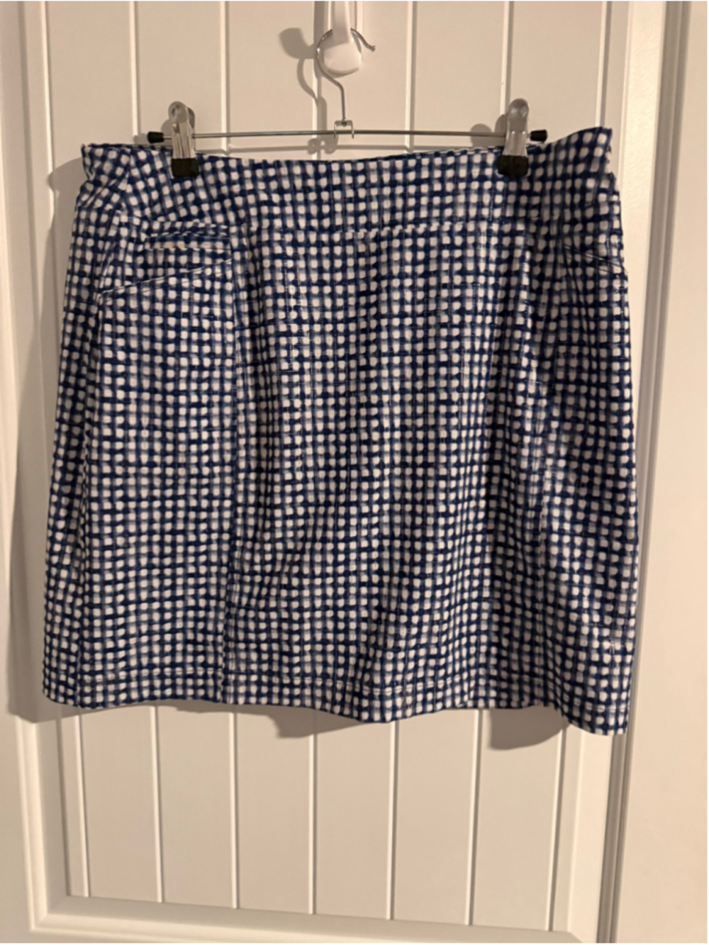 Chico’s Zenergy Size 1 Blue Ivory Silver Metallic Gingham Geometric Skort